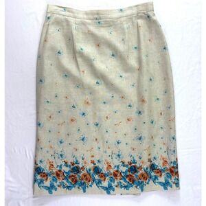 Vintage Mary McFadden Midi Skirt 10 Linen Floral Butterfly Academia Feminine